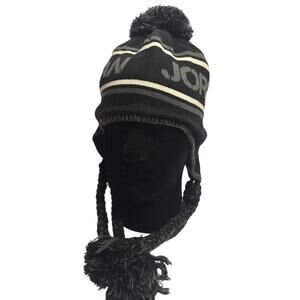 Vintage Jordan Black and Gray Knit Trapper Hat Braided Tassels RARE